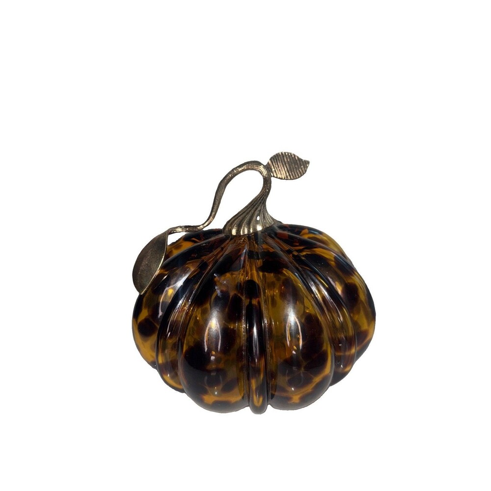 Siriano Amber Dots Leopard Art Glass Pumpkin Decor 7” Metal Stem Tortoise NWT
